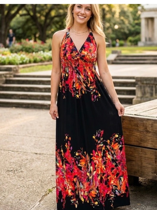 JohnPaulRichard Dresses & Skirts - JOHN PAUL RICHARD Floral Print Maxi Dress Black Red Yellow Sleeveless V-Neck L